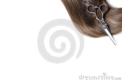 Scisors and brown hair isolated on white background, copy space Stock Photo