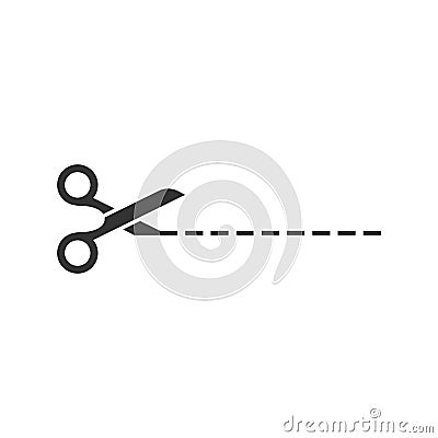 Scissor with cutting line icon in flat style. Cut equipment vector illustration on white isolated background. Cutter business Vector Illustration