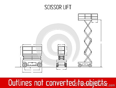 Typical scissor lift overall dimensions outline blueprint template Vector Illustration