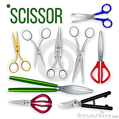 Scissor Set Vector. Metal Craft Object. Cut Tool. Paper, Garden, Hairdresser Symbol. Steel Scissor Cutter Equipment. 3D Vector Illustration