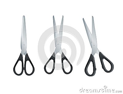 Scissors with black plastic handles. open and closed scissors isolated on white background. Vector Vector Illustration