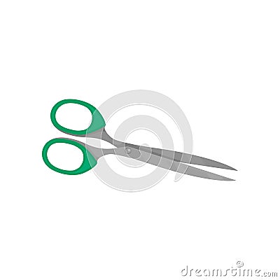 Scissors with bright green plastic handles and long sharp blades. Tool for cutting paper and carton. Flat vector icon Vector Illustration