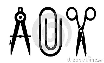 Scissors, clip and compass silhouette Vector Illustration