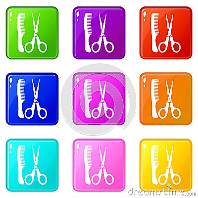 Scissors and comb icons 9 set Vector Illustration