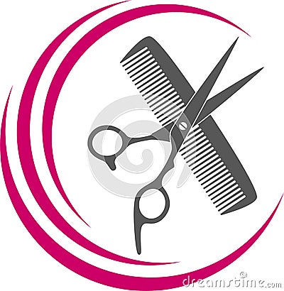 Scissors, comb and razor in black, hairdresser and barber tools Logo Stock Photo