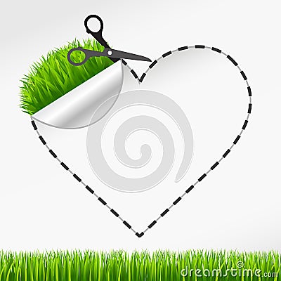 Scissors cut heart sticker. Green grass Vector Illustration
