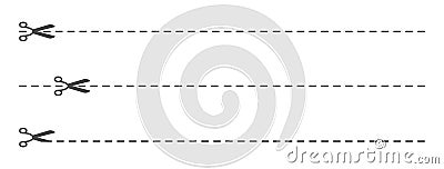 Scissors cut line set. Label sign. Crop page. Paper coupon icon. Create video clip. Snip silhouette symbol. Tailor trim Vector Illustration