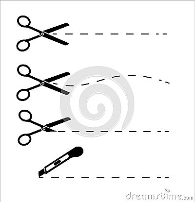 Scissors with cut lines isolated on white background. Paper cut icon with dotted line. Vector scissors with cut lines Vector Illustration