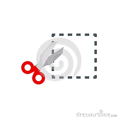 Scissors with a red handle cut along a dash-dotted line. Scissors, cut lines. Vector illustration. EPS 10. Vector Illustration