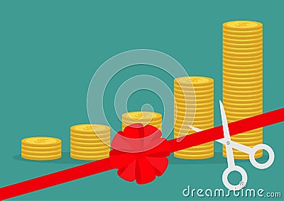Scissors cut red ribbon bow. Business beginnings. Gold coin stacks icon diagram. Dollar sign symbol. Cash money. Going up graph. I Vector Illustration