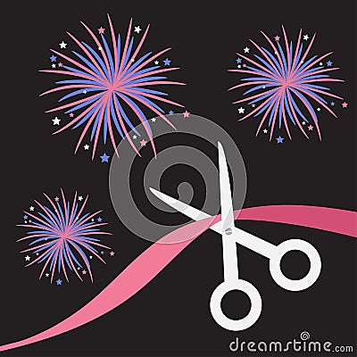 Scissors cut the ribbon. Grand opening celebration. Business beginnings event. Launch startup. Black background with fireworks. Vector Illustration