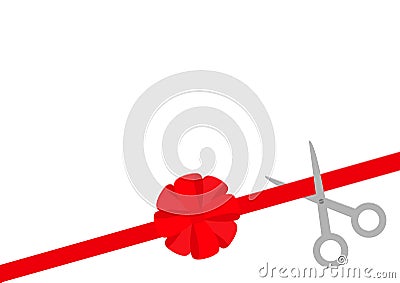 Scissors cut straight red ribbon on the right. Big round bow. Business beginnings event. Launch startup concept. Grand opening cel Vector Illustration