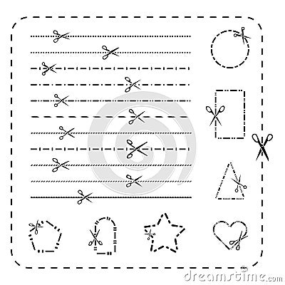 Scissors cutout line icons. Vector dashed and dotted cutting paper lines for design Vector Illustration