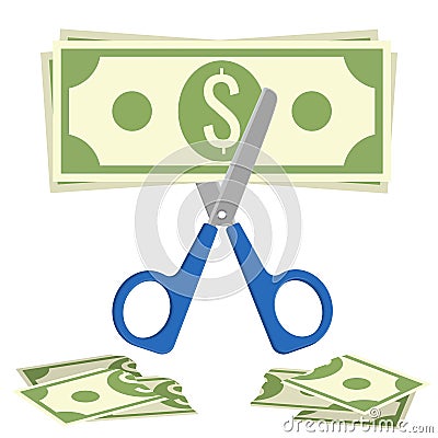 Scissors cuts budget, process of cutting dollar banknote vector Vector Illustration