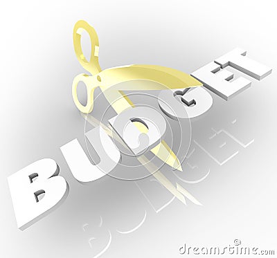 Scissors Cutting Budget Word Austerity Measures Reducing Costs Stock Photo