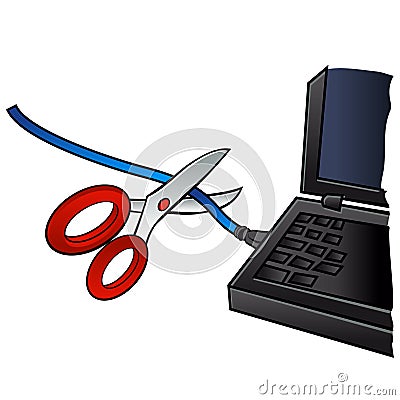 Scissors cutting through a coaxial cable Vector Illustration