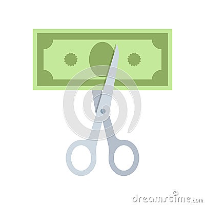 Scissors cutting money bill in half. Vector Illustration