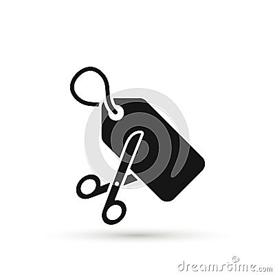 Scissors are cutting price tag as a discount symbol. Vector icon Vector Illustration