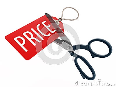 Scissors cutting price tag. 3D illustration. Cartoon Illustration