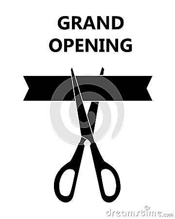 Scissors cutting the ribbon with announcement text Grand openong. Black icon isolated on white background. Vector Cartoon Illustration