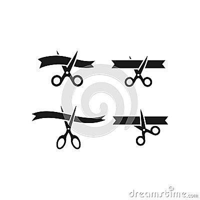 Scissors cutting ribbon simple black vector icon set. Vector Illustration