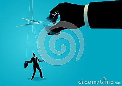 Scissors cutting the strings attached to businessman Vector Illustration