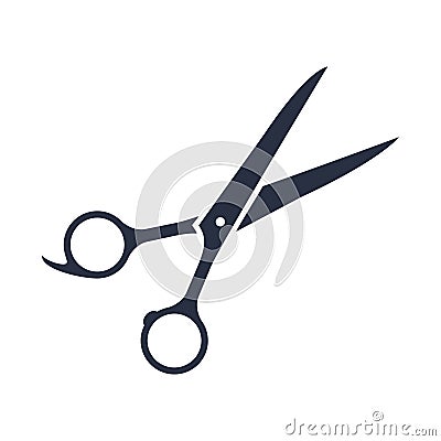 Scissors glyph icon. Haircutting shears. Cutting instrument with finger brace, tang. Hairdressing instrument. Vector Illustration