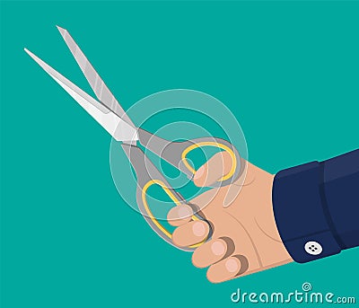 Scissors with grey plastic handles in hand. Vector Illustration