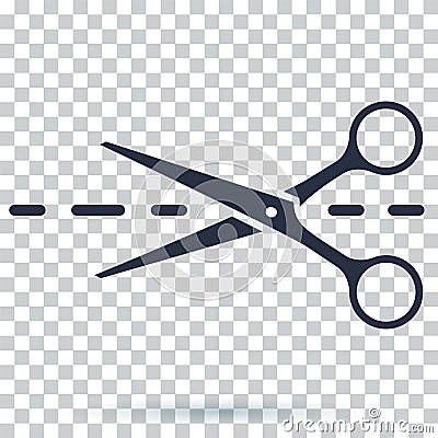 Scissors icon with cut line. Scissor vector illustration. Cut icon for clothes. Vector Illustration