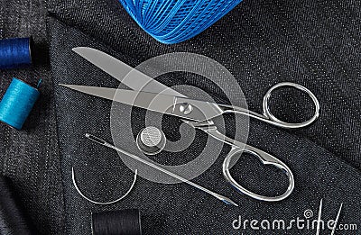 Scissors, needles and thread Stock Photo