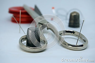 Scissors, Pins, Sewing Needles and Collets Stock Photo