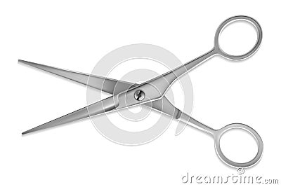 Scissors realistic. Silver metallic shears. Classic 3D cutting hairdresser and barber tool. Sewing tailor instrument or Vector Illustration