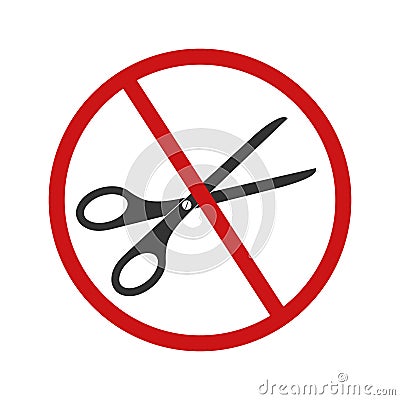 Scissors with red forbidden sign. Do not cut prohibition icon. Stop cutting pictogram isolated on white background Vector Illustration
