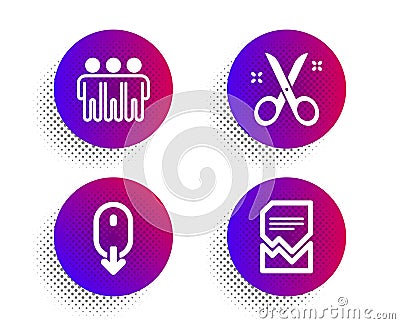 Scissors, Scroll down and Friendship icons set. Corrupted file sign. Cutting tool, Mouse swipe, Trust friends. Vector Vector Illustration