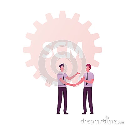 Scm, Supply Chain Management and Business Strategy Concept. Businesspeople Male Characters Shaking Hands Vector Illustration