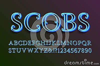 Scobs decorative letters with numbers. Vintage 3d font. Isolated english alphabet Vector Illustration