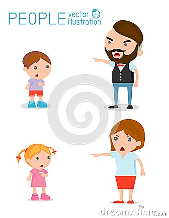 Scold children, father and mother scolding unhappy boy Vector Illustration