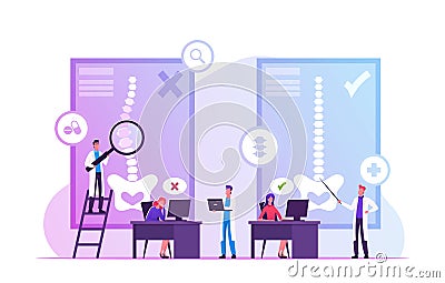 Scoliosis and Spine Backbone Curvature Concept. Woman Sitting at Desk at Correct and Wrong Posture Vector Illustration