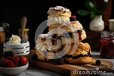 scone tower, stacked high with scones and toppings Stock Photo