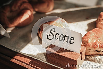 Scones with currants. Close up fresh yummy tasty delicious homemade sultana scones Stock Photo