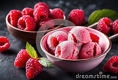 A scoop of bright pink raspberry sorbet with fresh raspberries on top Stock Photo