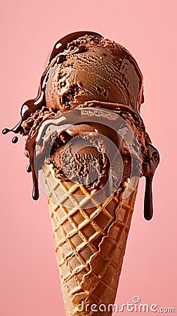 Scoop of crave-worthy dark rich chocolate ice cream with velvety texture in waffle cone with melting dripping, chocolate sauce on Stock Photo