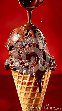 Scoop of crave-worthy dark rich chocolate ice cream with velvety texture in waffle cone with melting dripping, chocolate sauce on Stock Photo