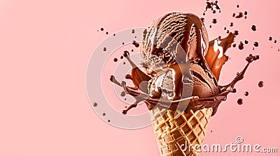 Scoop of crave-worthy dark rich chocolate ice cream with velvety texture in waffle cone with melting dripping, chocolate sauce Stock Photo