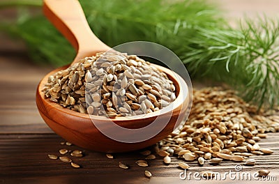 Scoop of dry seeds bowl and fresh dill culinary. Generate Ai Stock Photo