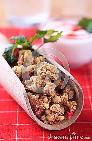 Scoop of granola cereal and yogurt Stock Photo