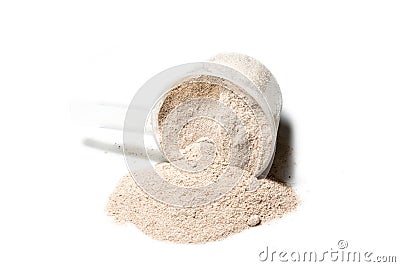 Scoop of Isolate protein powder chocolate deluxe flavour poured Stock Photo