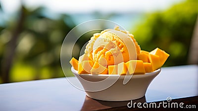 A scoop of mango sorbet in a tropical paradise Stock Photo
