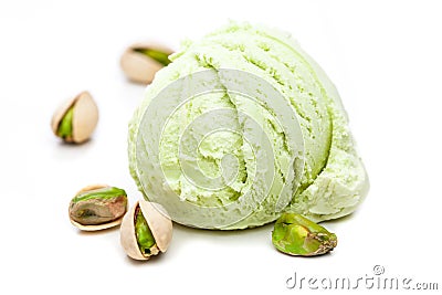A scoop of pistachio ice cream with pistachios isolated on white background Stock Photo