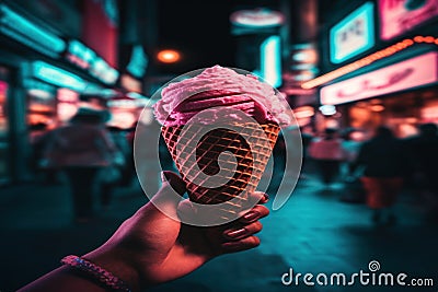 A scoop of raspberry ice cream in a waffle cone against the backdrop of a lively city street at night with neon lights - Stock Photo
